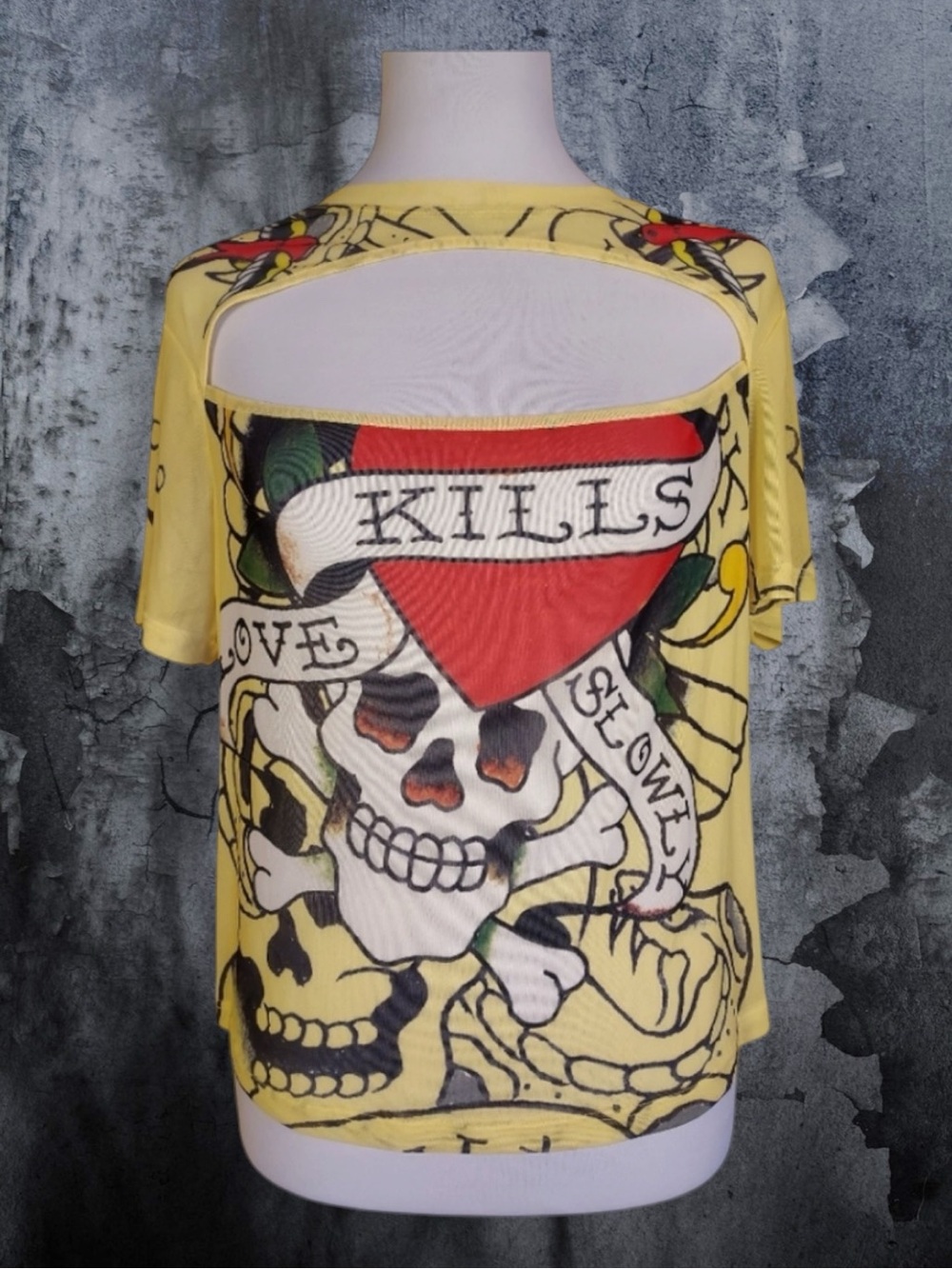 Ed Hardy Vintage Top Yellow Mesh Tattoo Print Skull Love Kills Cutout Grunge 1X